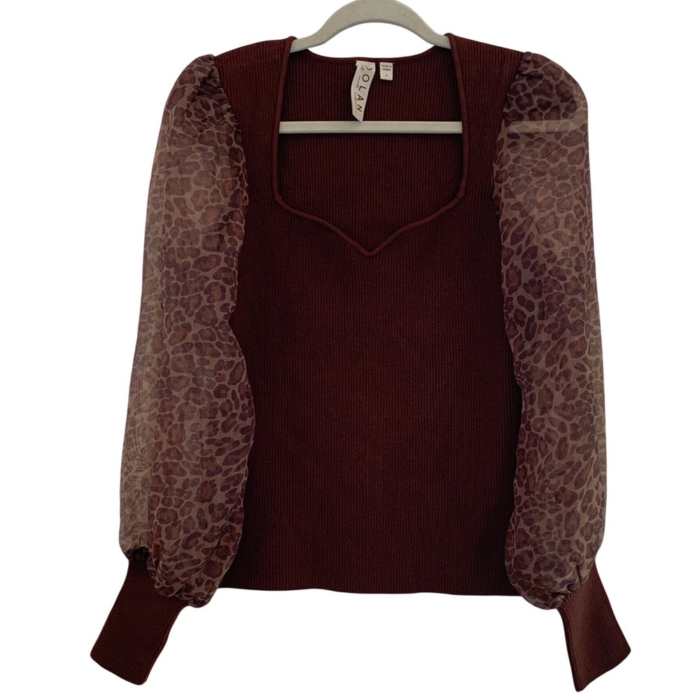 Dolan Left Coast Collection Ribbed Knit Top Leopard Print Sheer Puff Sleeve S